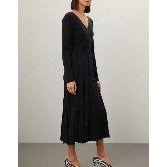 Area Stars Black Fit Flare Knit Midi Wrap Dress XS Pleated Career Designer $175 - Picture 2 of 10